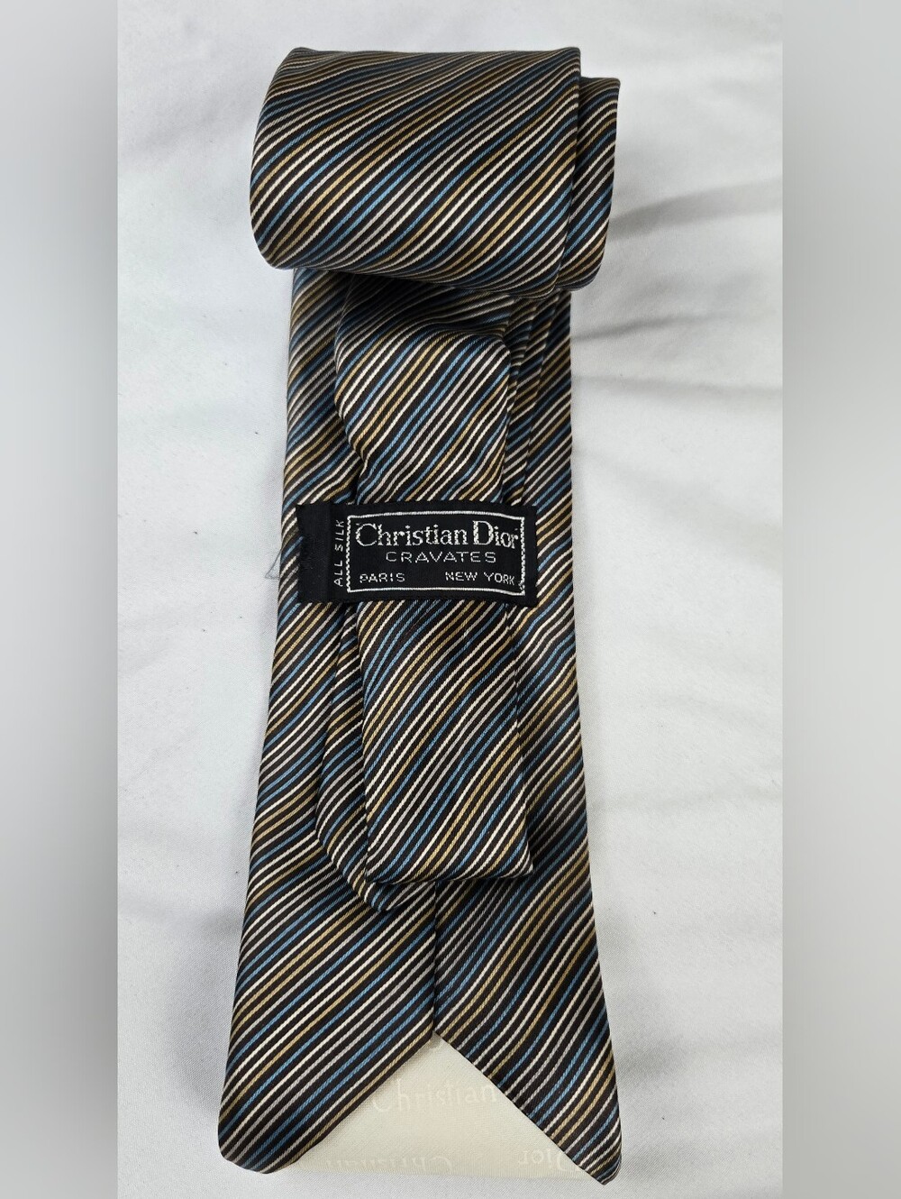 Vintage Christian Dior Cravates 100% Silk Striped Necktie Blue Gray Gold 3"